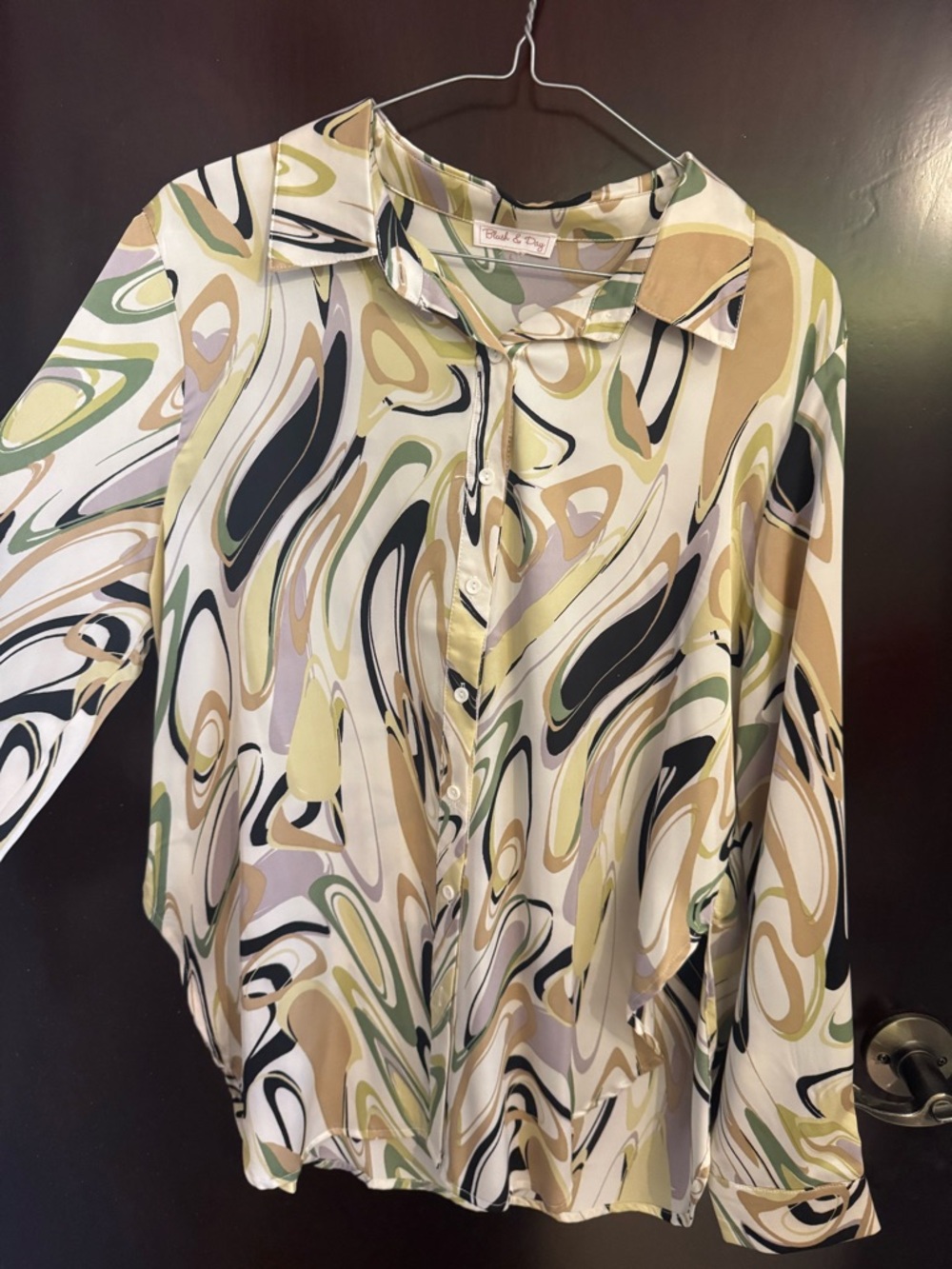 Abstract Swirl Button-Up Blouse in Cream, Olive & Black